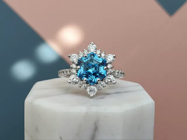 Bespoke Hexagonal Fancy Blue Diamond Engagement Ring